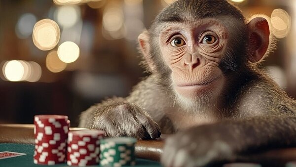 Ein Affe sitzt an einem Pokertisch mit Spielchips vor sich. Das Bild symbolisiert den evolutionären Ursprung des Glücksspiels.